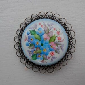 Vintage Russian Finift enamel blue pink floral filigree brooch